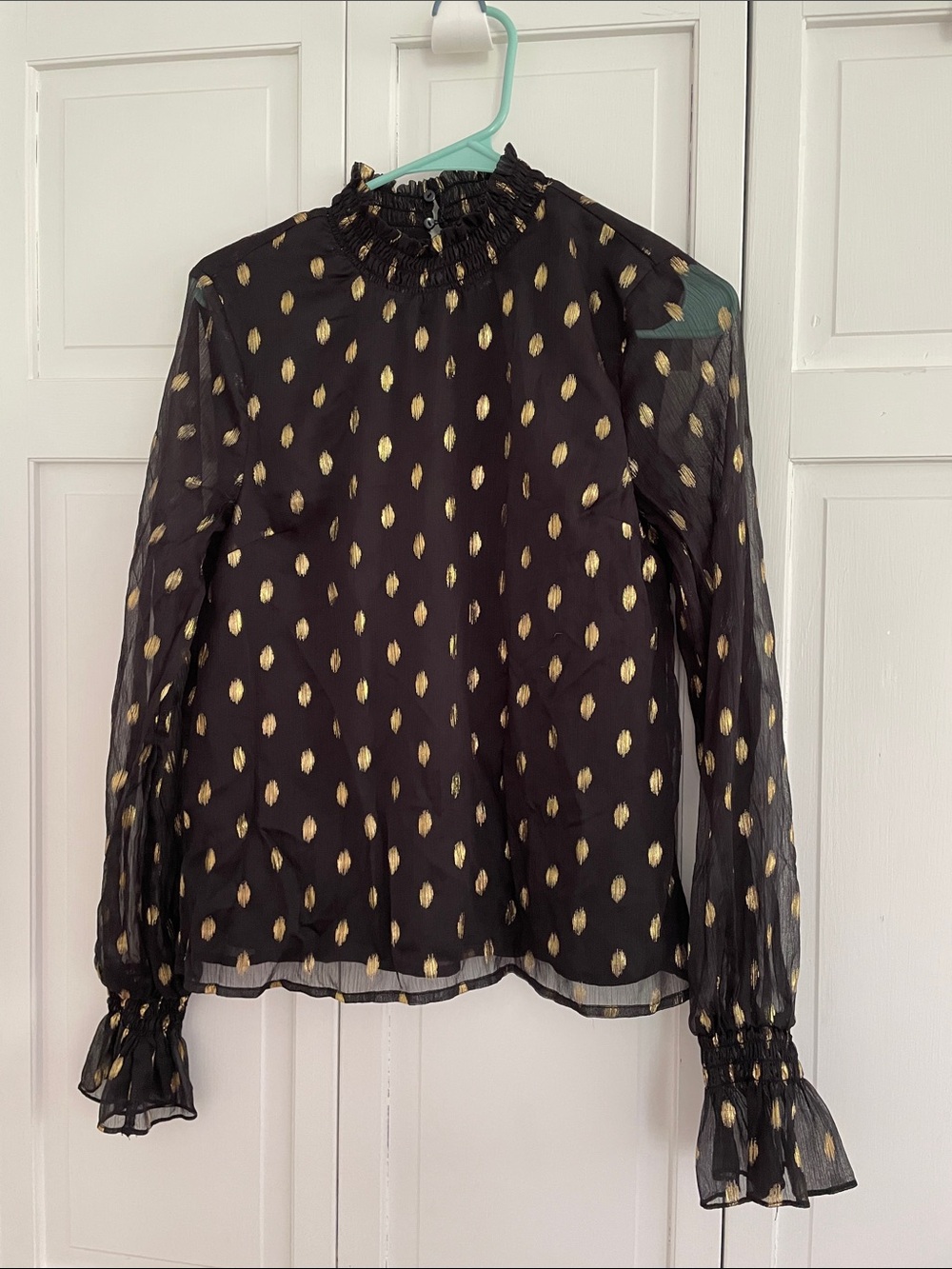 Pomander Place Black Sheer Blouse with Gold Dot Accents